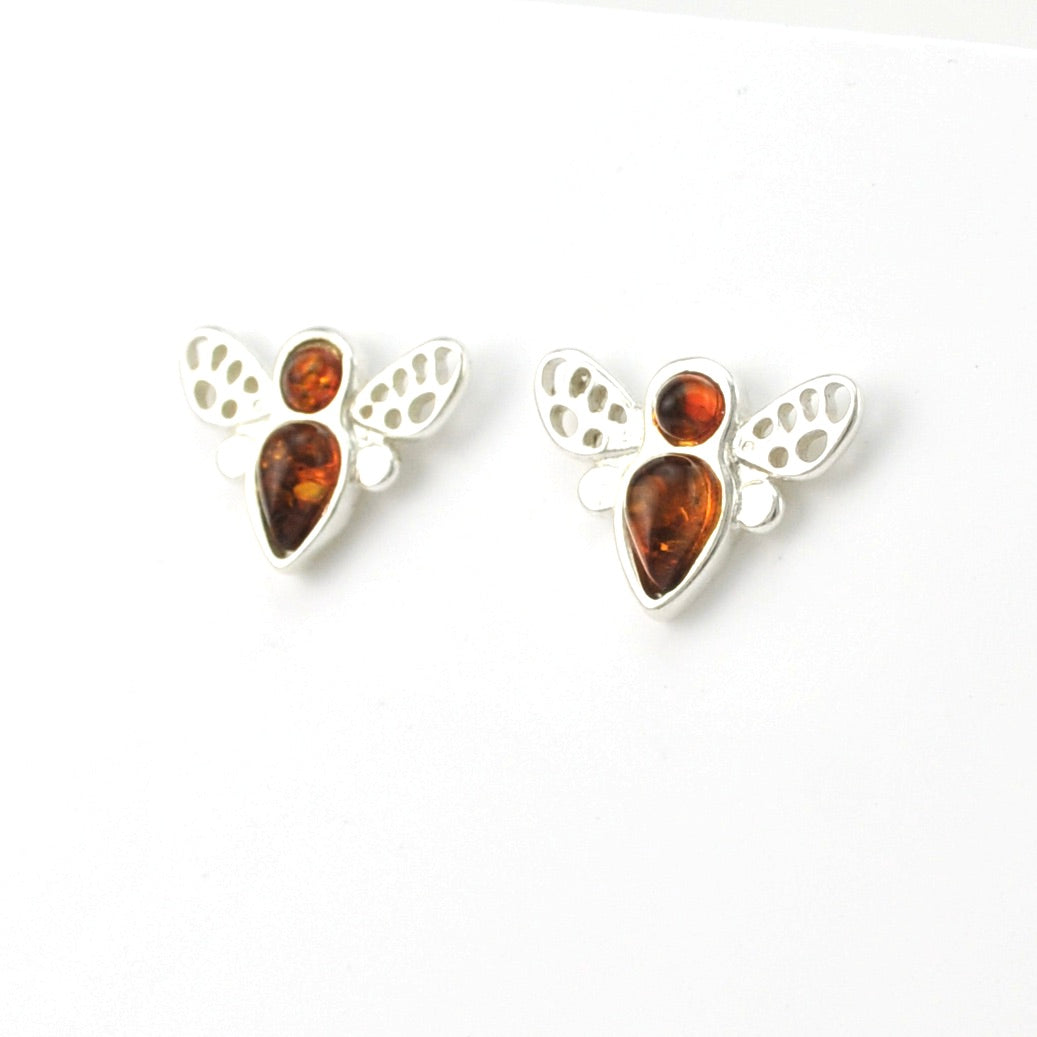 Side View Silver Amber Bee Post Earrings