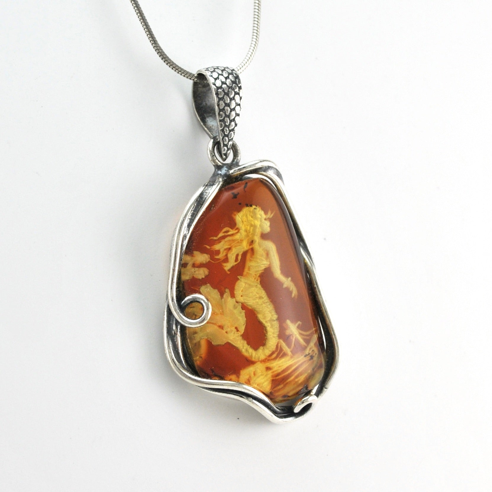 Side View Silver Amber Intaglio Mermaid Pendant