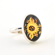 Side View Silver Amber Intaglio Sunflower Adjustable Ring