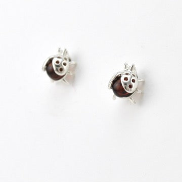 Side View Silver Amber Ladybug Post Earrings