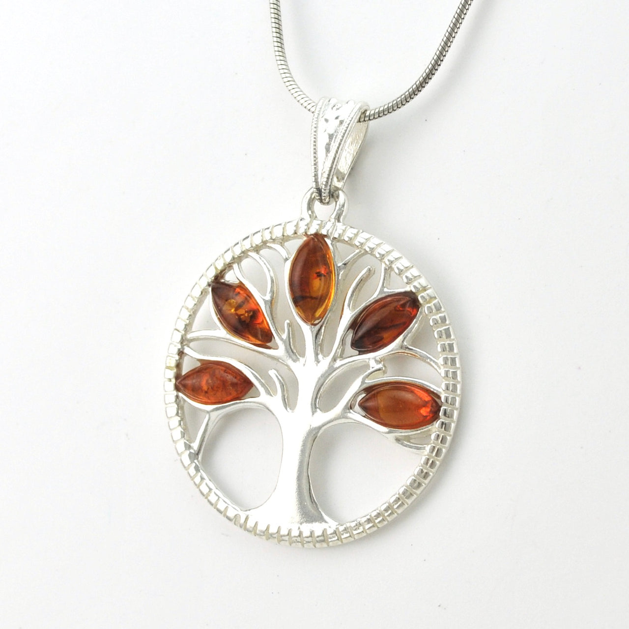 Side View Silver Amber Tree of Life Round Pendant