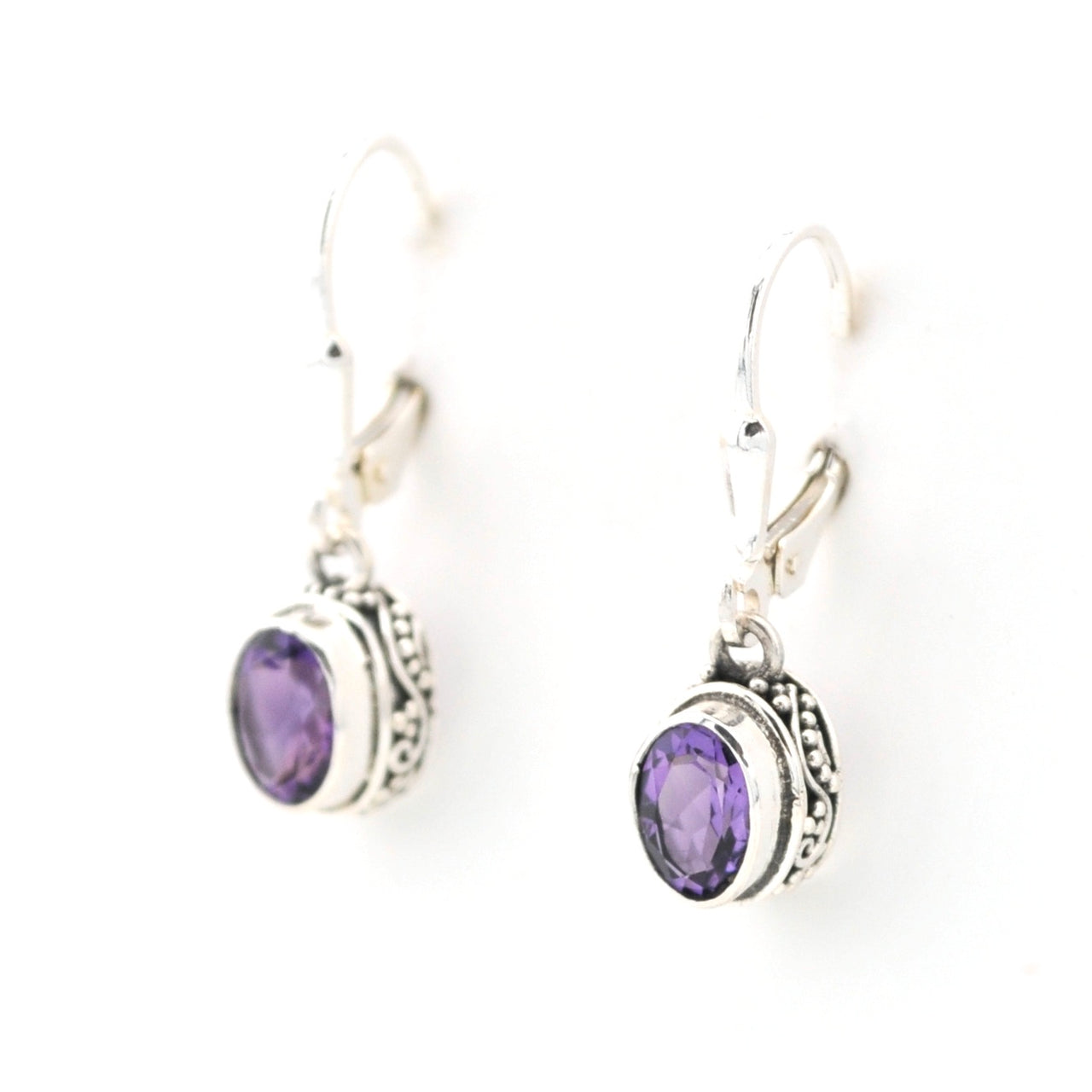 Side View Silver Amethyst 5x7mm Oval Bali Dangle Earrings
