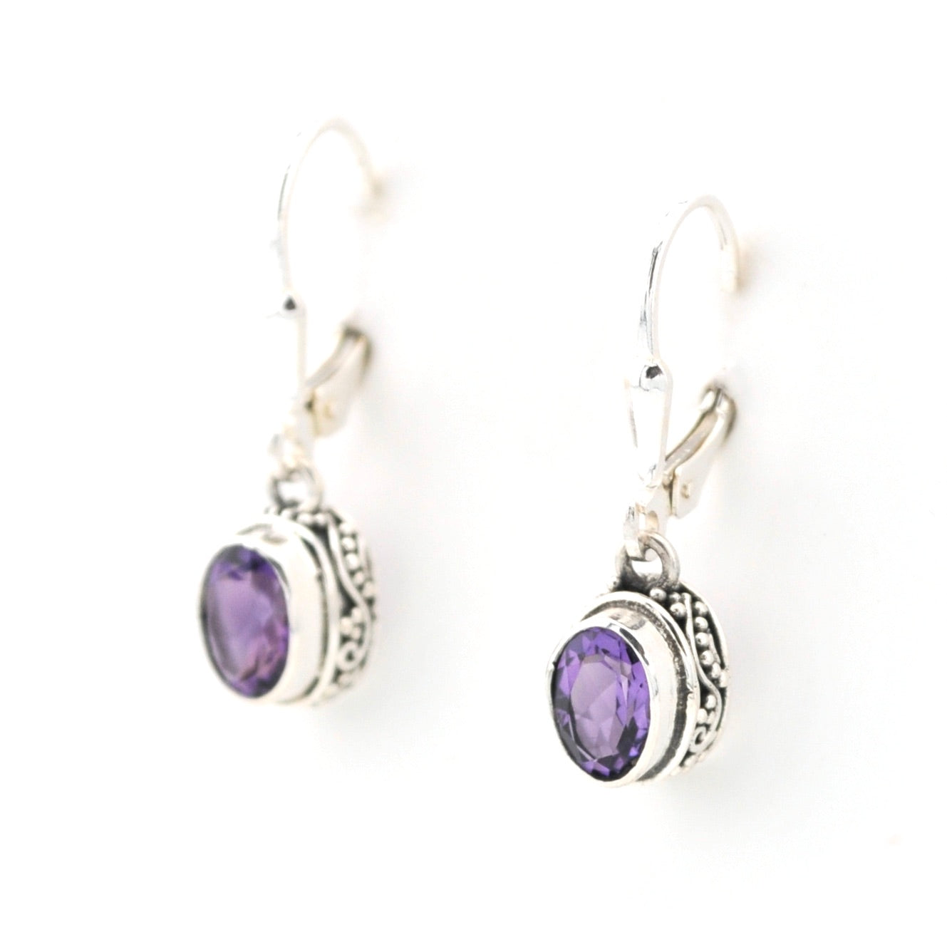 Side View Silver Amethyst 5x7mm Oval Bali Dangle Earrings