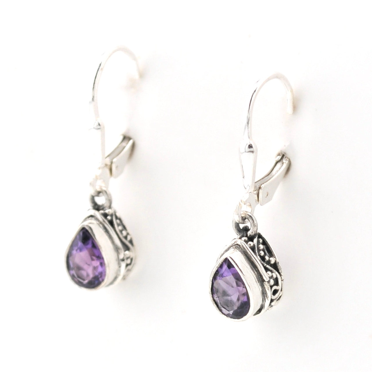 Side View Silver Amethyst 5x7mm Tear Bali Dangle Earrings