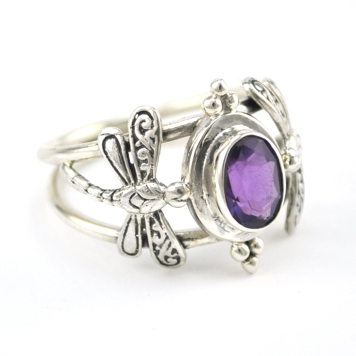 Side View Silver Amethyst 6x8mm Oval Dragonfly Ring