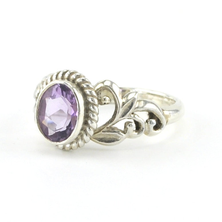 Side View Silver Amethyst 6x8mm Oval Medium Scroll Ring Size 8