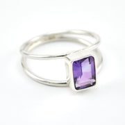 Side View Silver Amethyst 6x8mm Rectangle 2 Band Ring