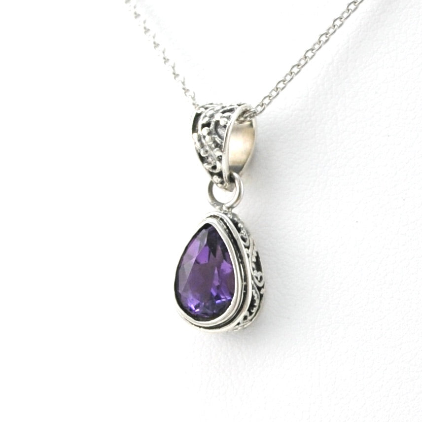 Side View Silver Amethyst 6x9mm Tear Bali Necklace