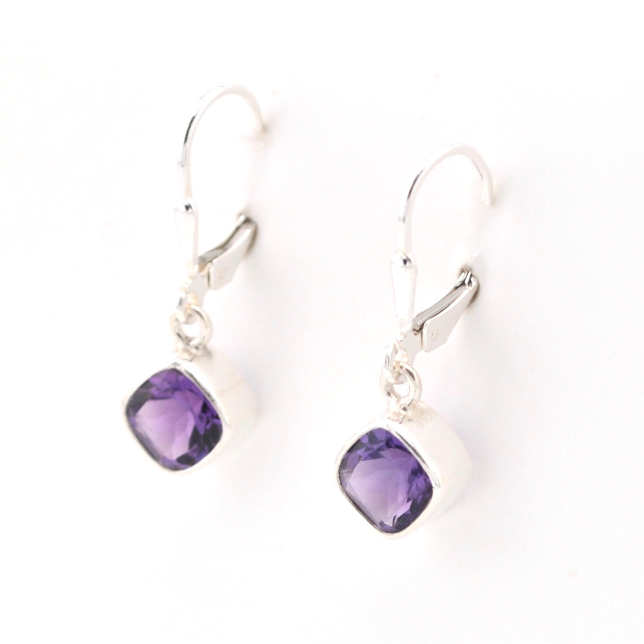 Side View Silver Amethyst 7mm Offset Square Dangle Earrings