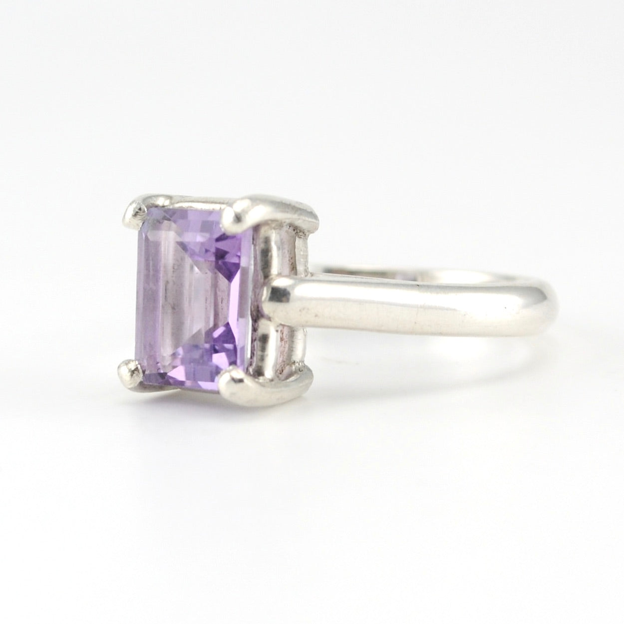 Side View Silver Amethyst 7x9mm Prong Set Rectangle Ring Size 8