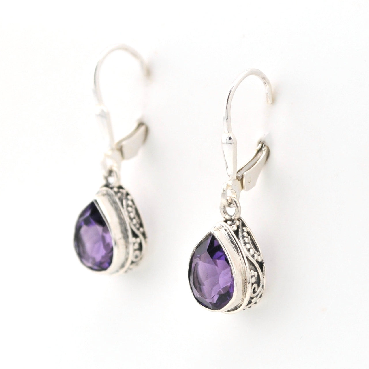 Side View Silver Amethyst 7x9mm Tear Bali Dangle Earrings