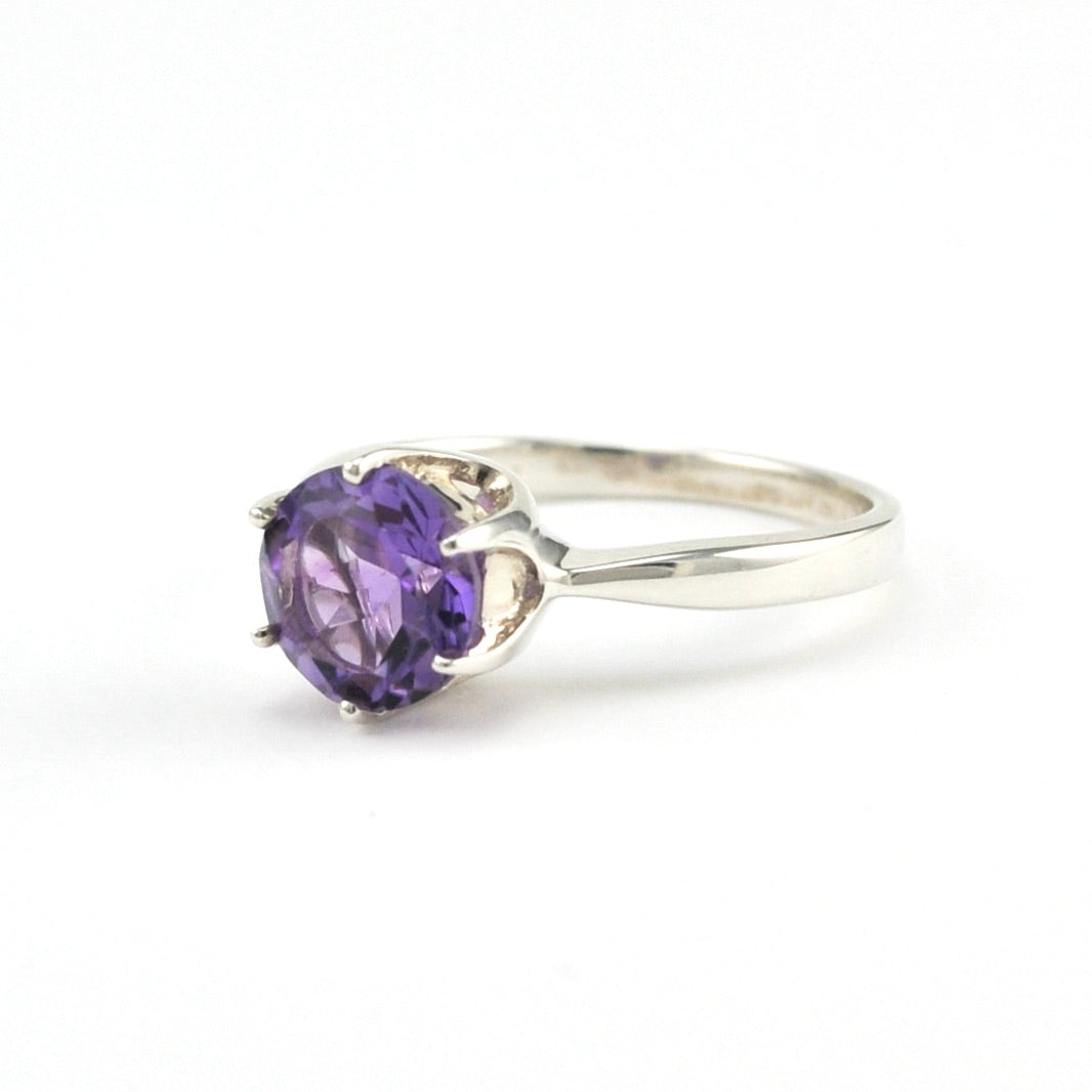 Side View Silver Amethyst 8mm Round Prong Set Ring