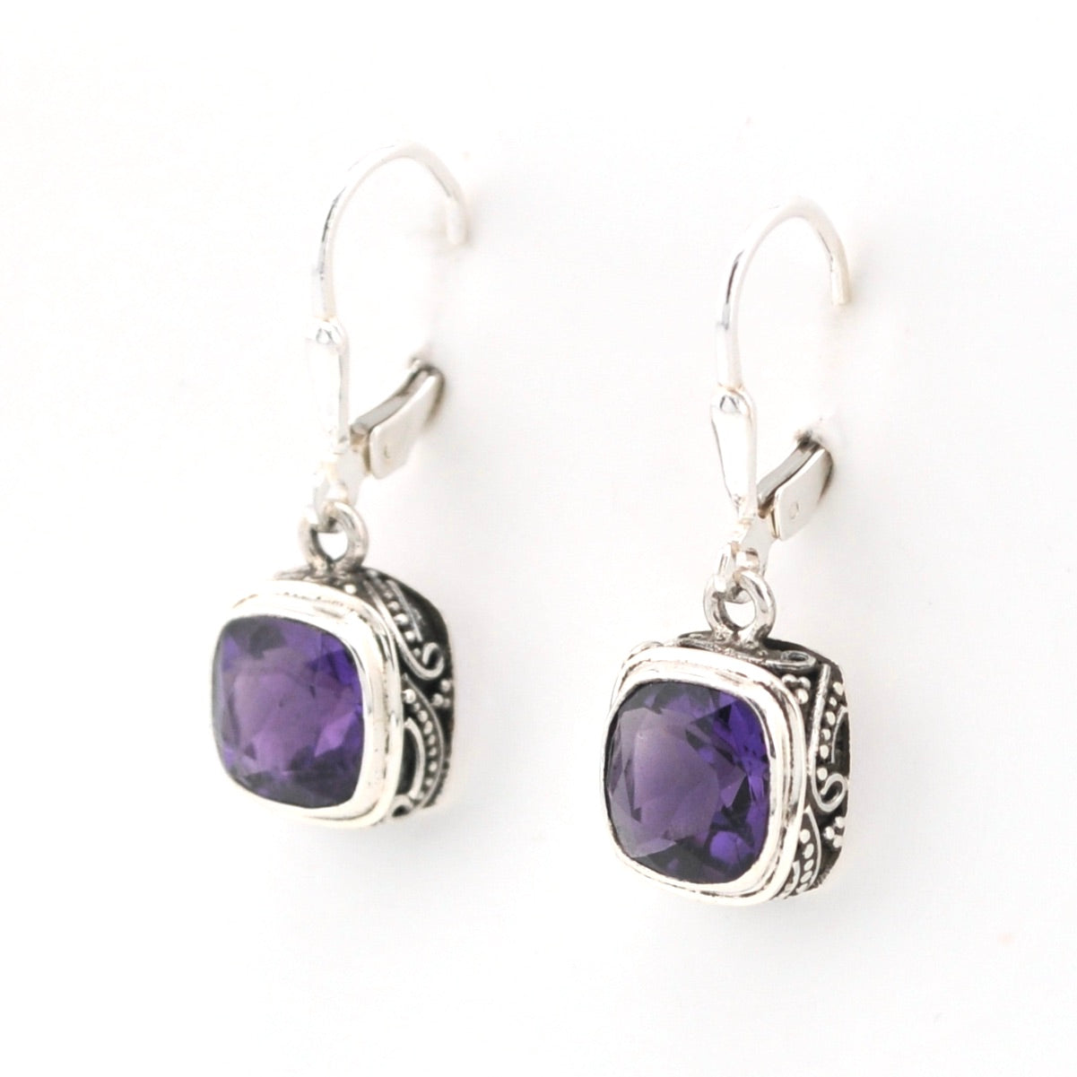 Side View Silver Amethyst 8mm Square Bali Dangle Earrings
