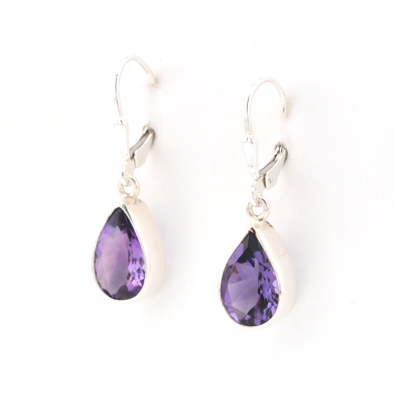Side View Silver Amethyst 8x12mm Tear Dangle Earrings 15506