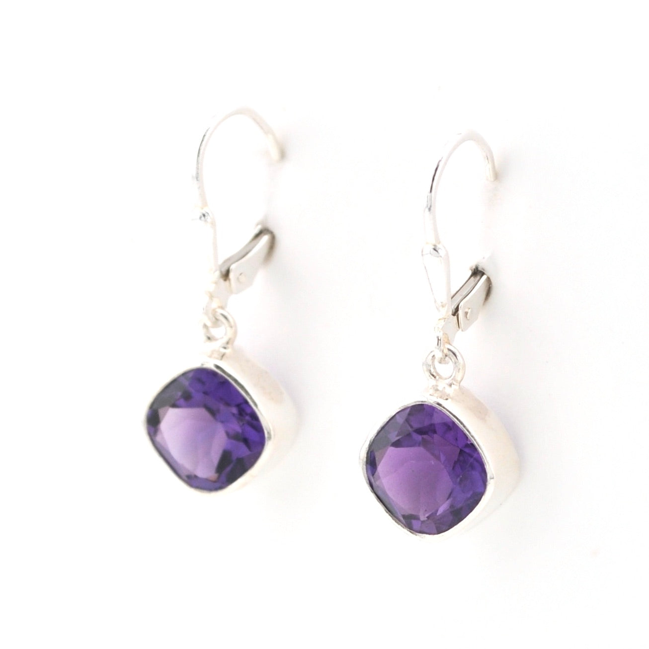 Side View Silver Amethyst 9mm Offset Square Dangle Earrings