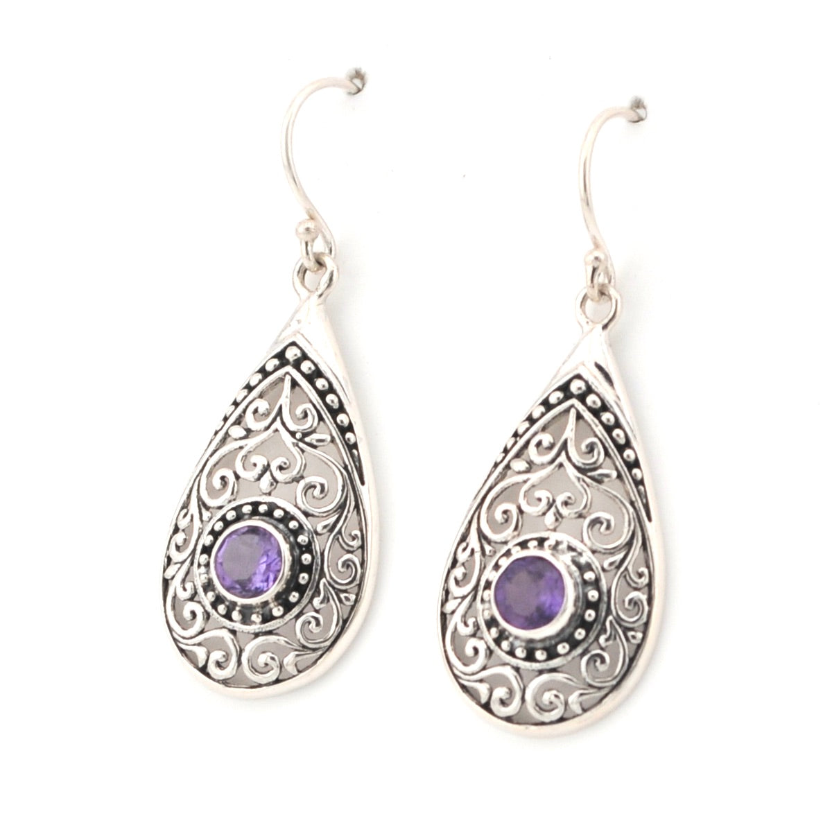 Side View Silver Amethyst Tear Bali Earrings 15644