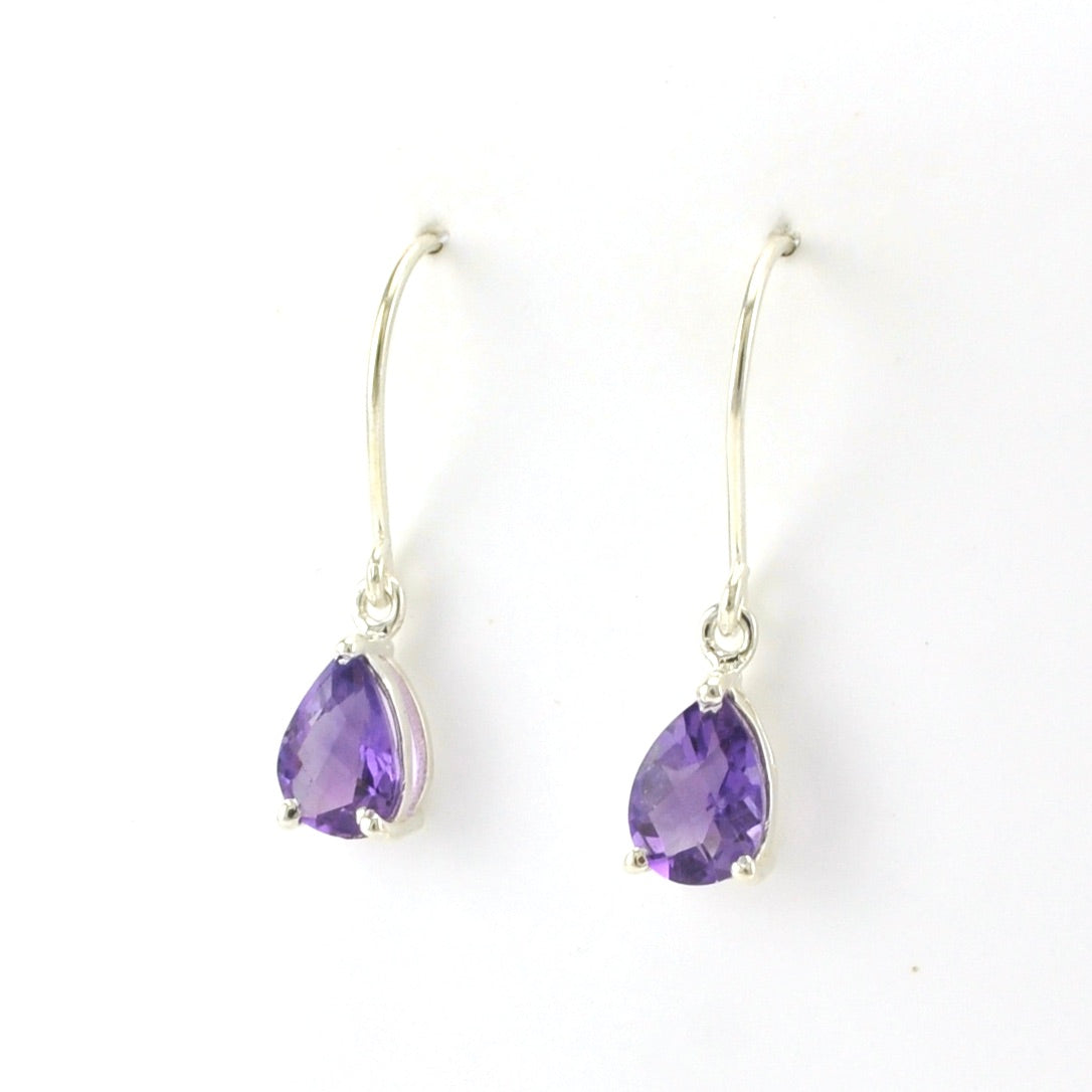 Side View Silver Amethyst Tear Prong Set Dangle Earrings