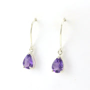 Side View Silver Amethyst Tear Prong Set Dangle Earrings