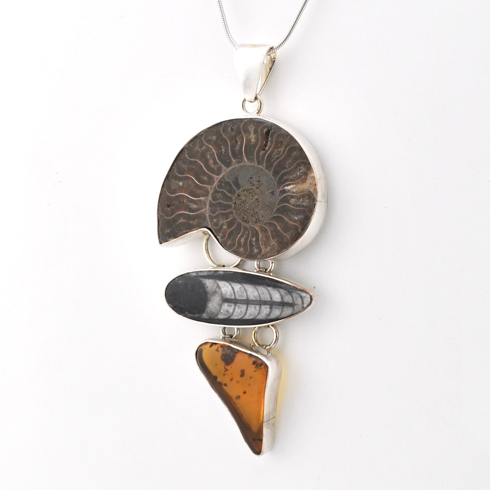 Side View Silver Ammonite Orthoceras Amber Pendant