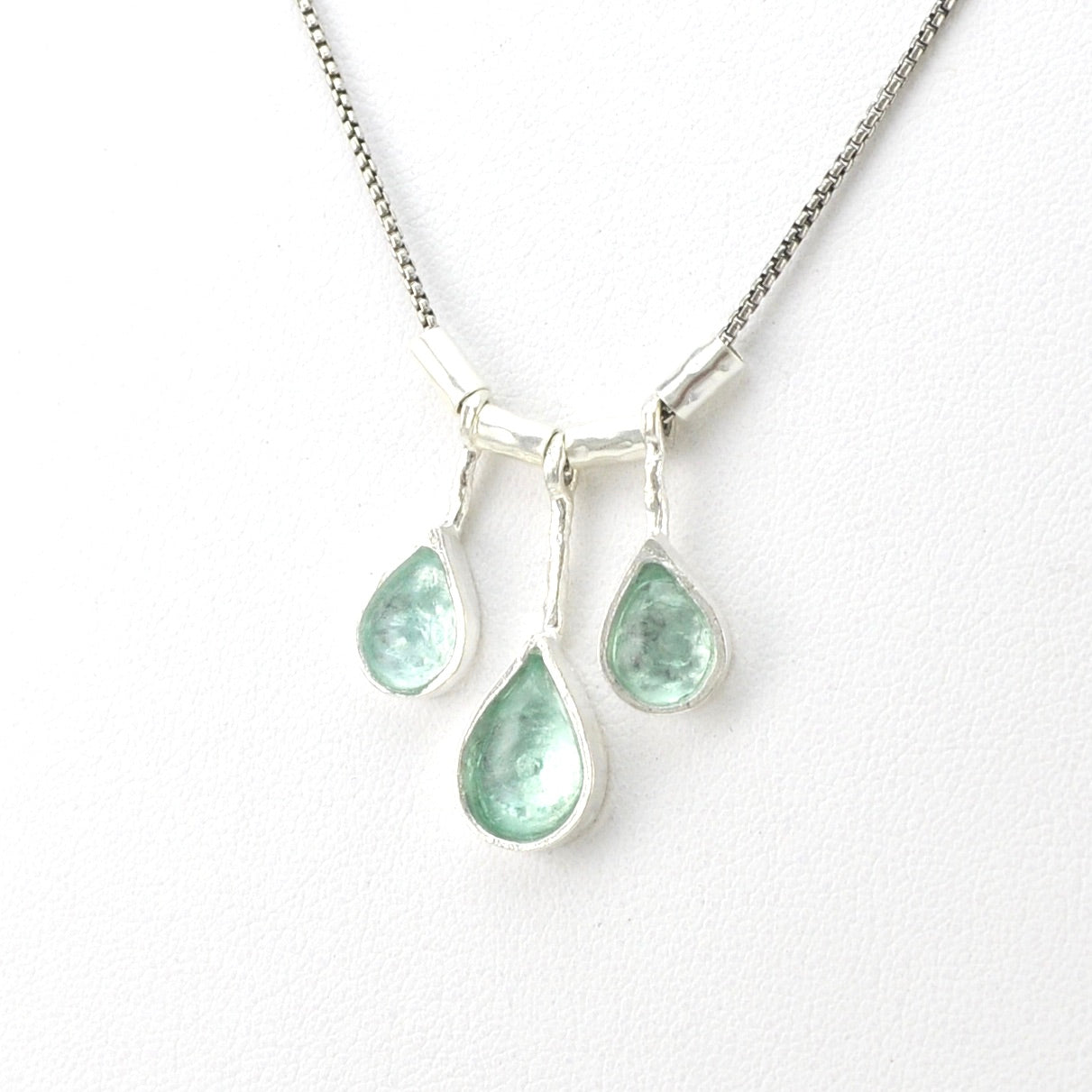 Side View Silver Ancient Roman Glass 3 Teardrop Necklace