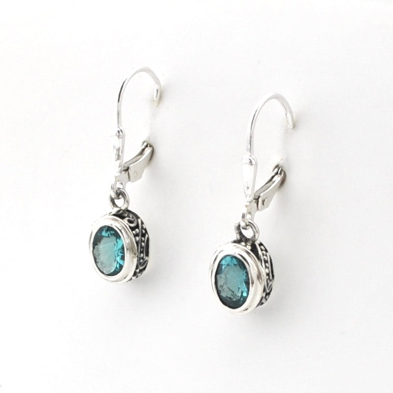 Silver earrings with blue gemstones on a white background