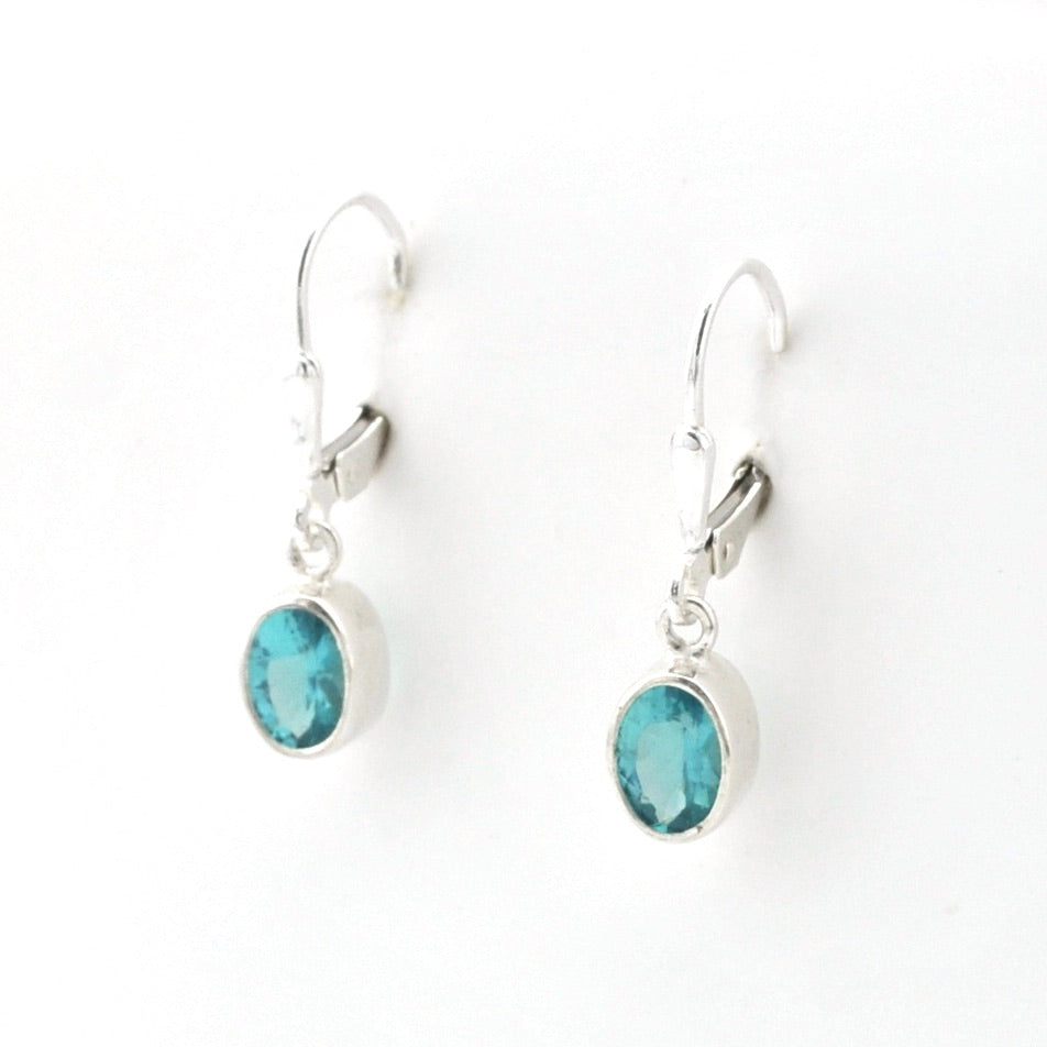 Silver earrings with blue gemstones on a white background