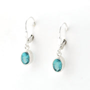 Silver earrings with blue gemstones on a white background