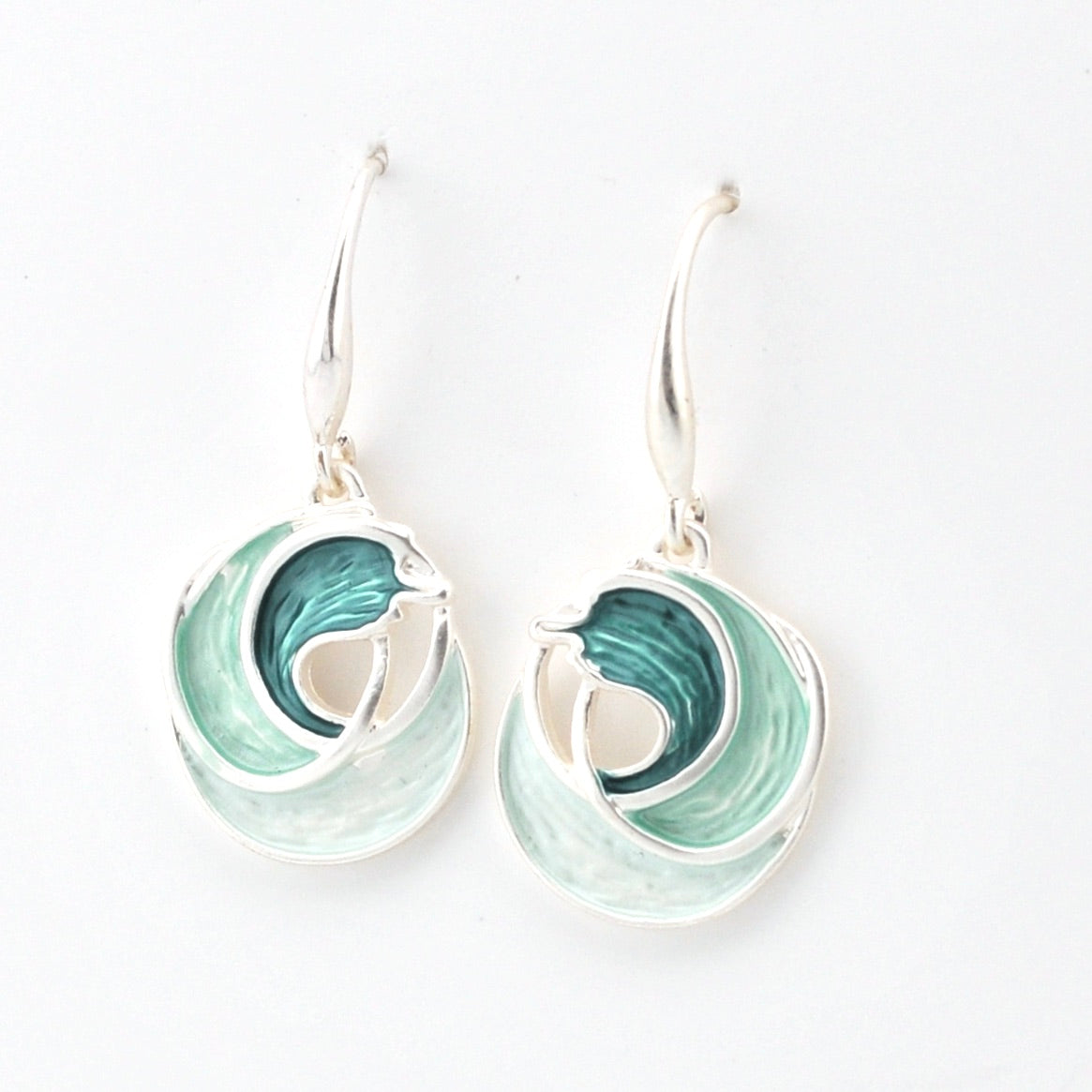 Side View Silver Aqua Ocean Waves Earrings