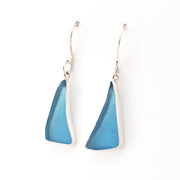 Blue triangular earrings on a white background