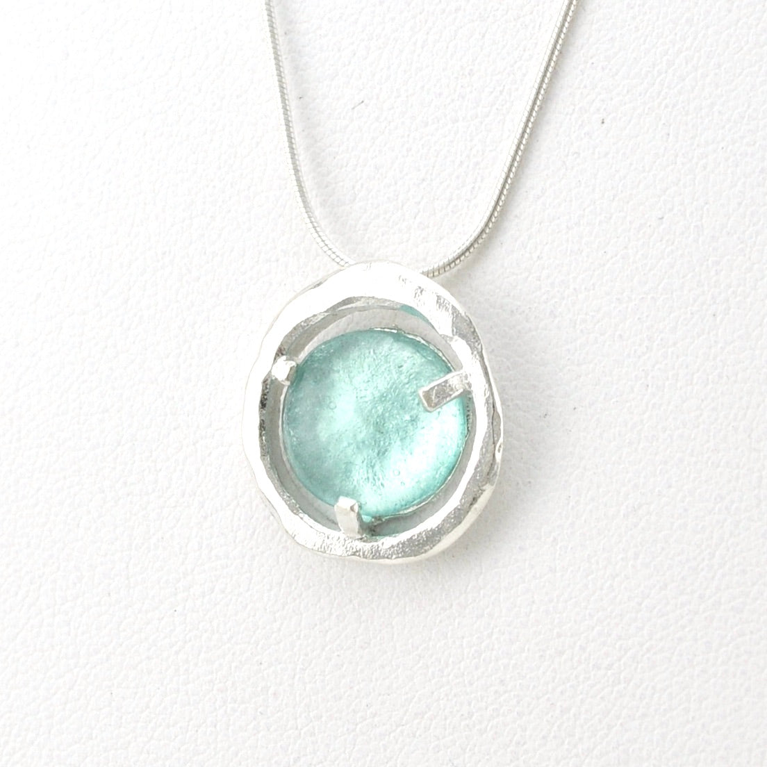 Side View Silver Aqua Roman Glass Circle Necklace