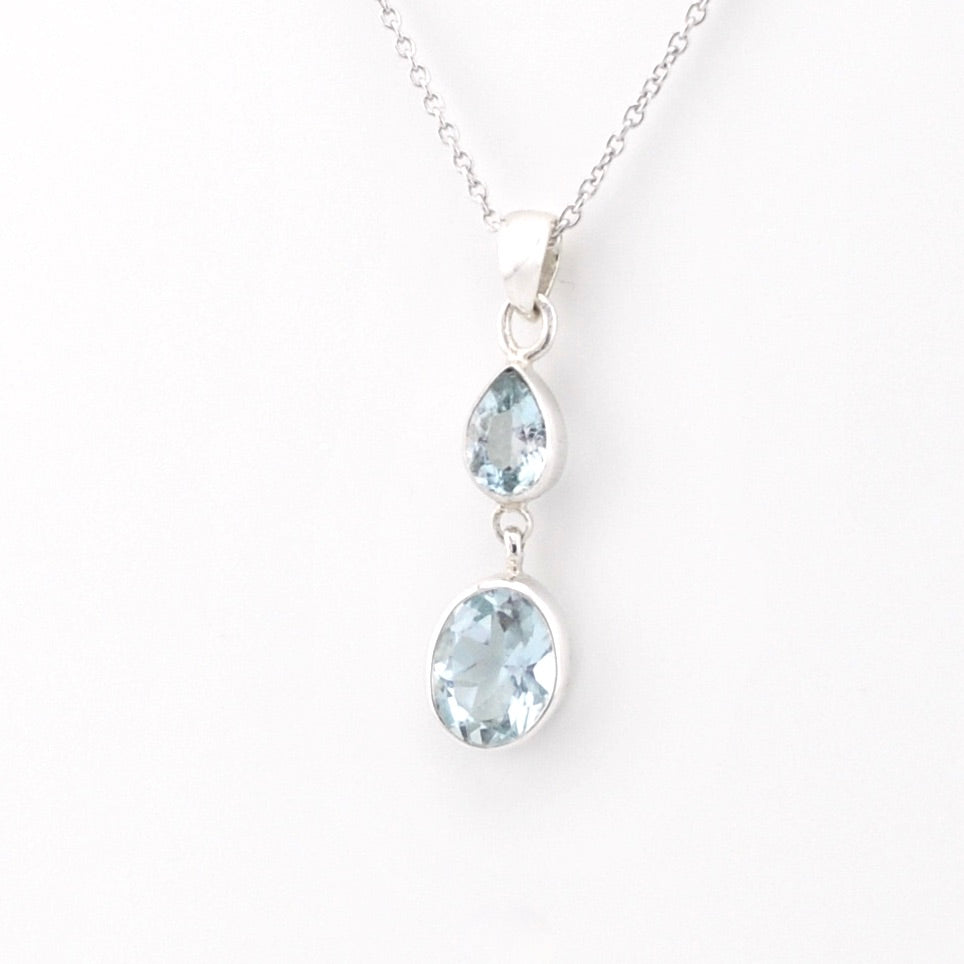 Silver Aquamarine Tear Oval Necklace on white background