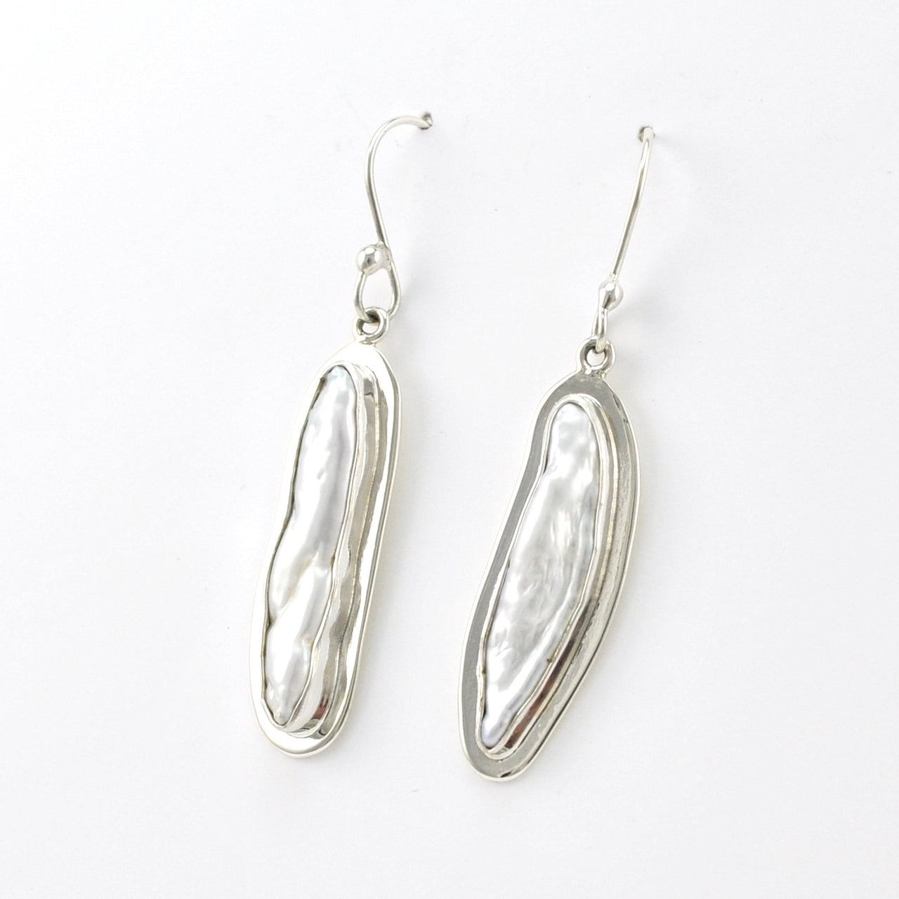 Side View Silver Biwa Pearl Dangle Earrings