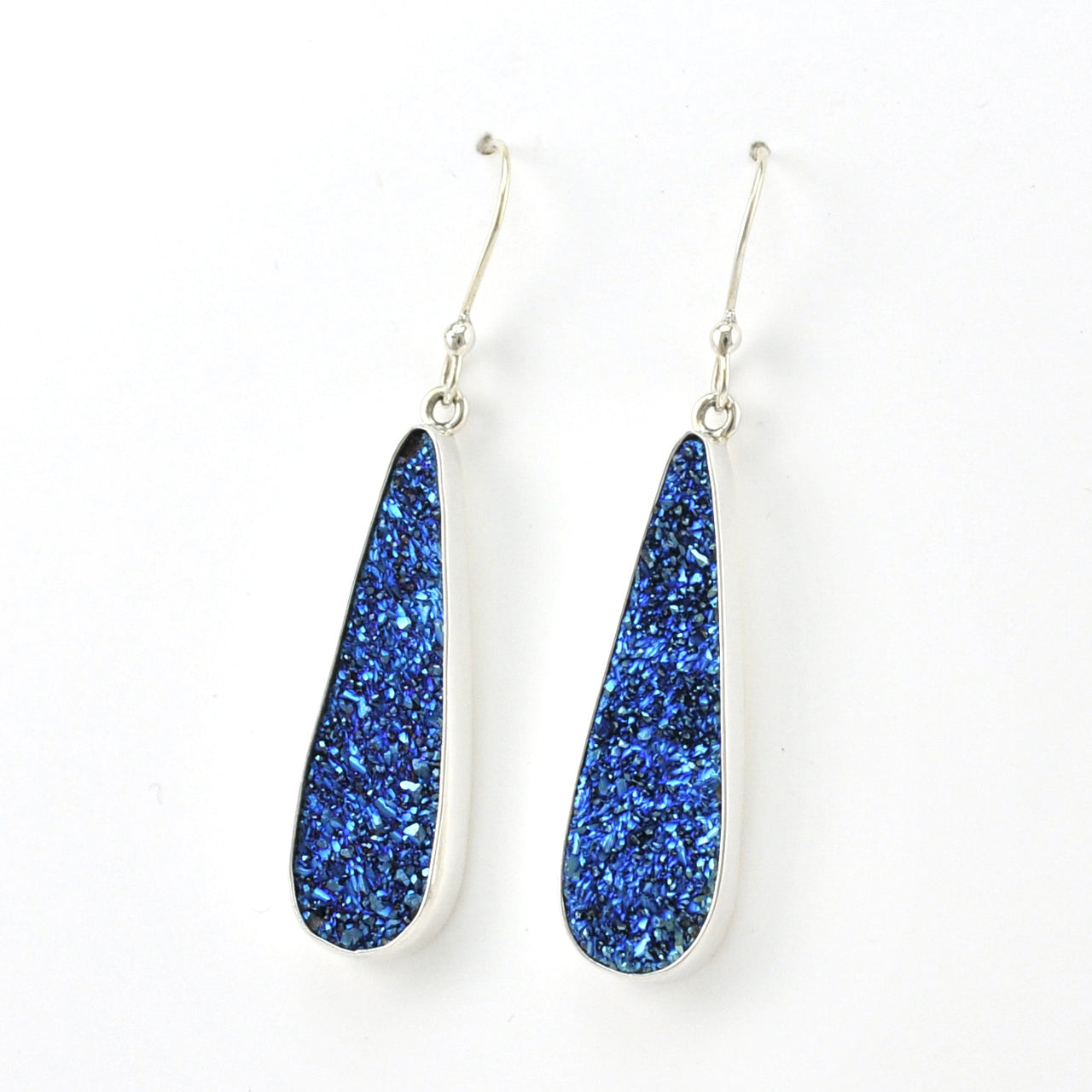 Side View Silver Blue Druzy Agate Tear Earrings
