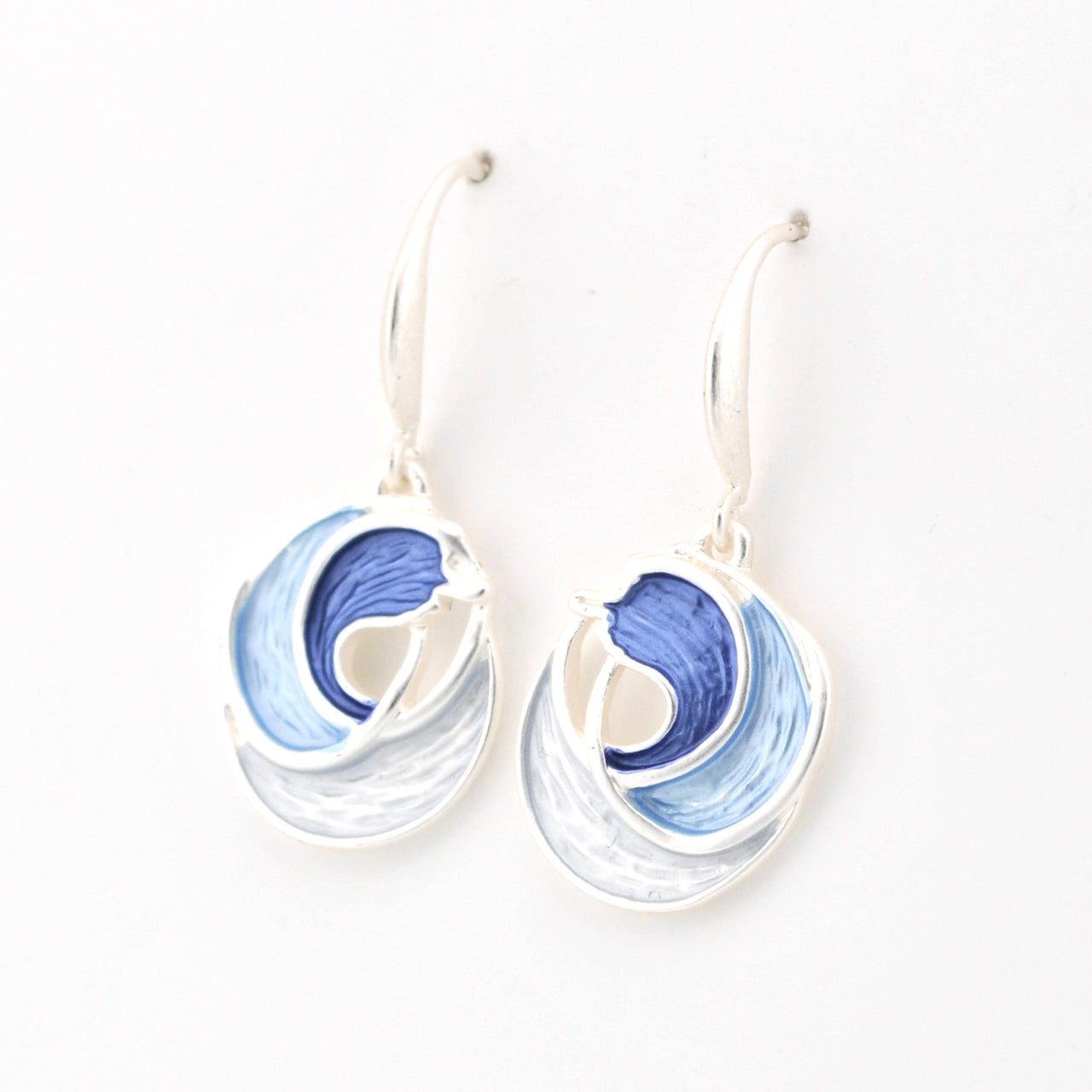 Side View Silver Blue Ocean Waves Earrings