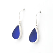 Silver Blue Sea Glass Tear Earrings on white background