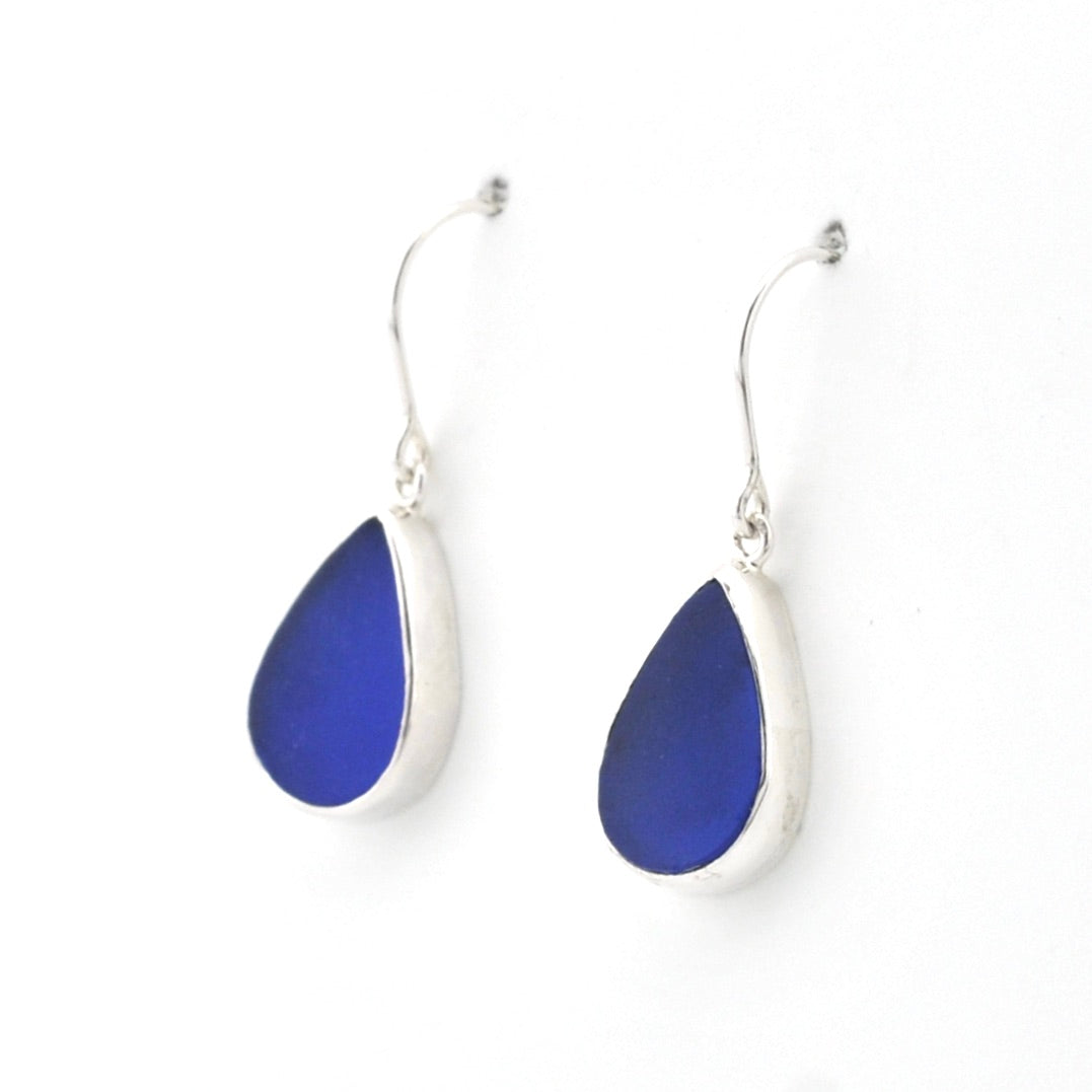 Silver Blue Sea Glass Tear Earrings on white background