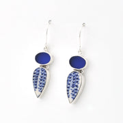 Silver Blue Sea Glass and Vintage Porcelain Earrings on white background