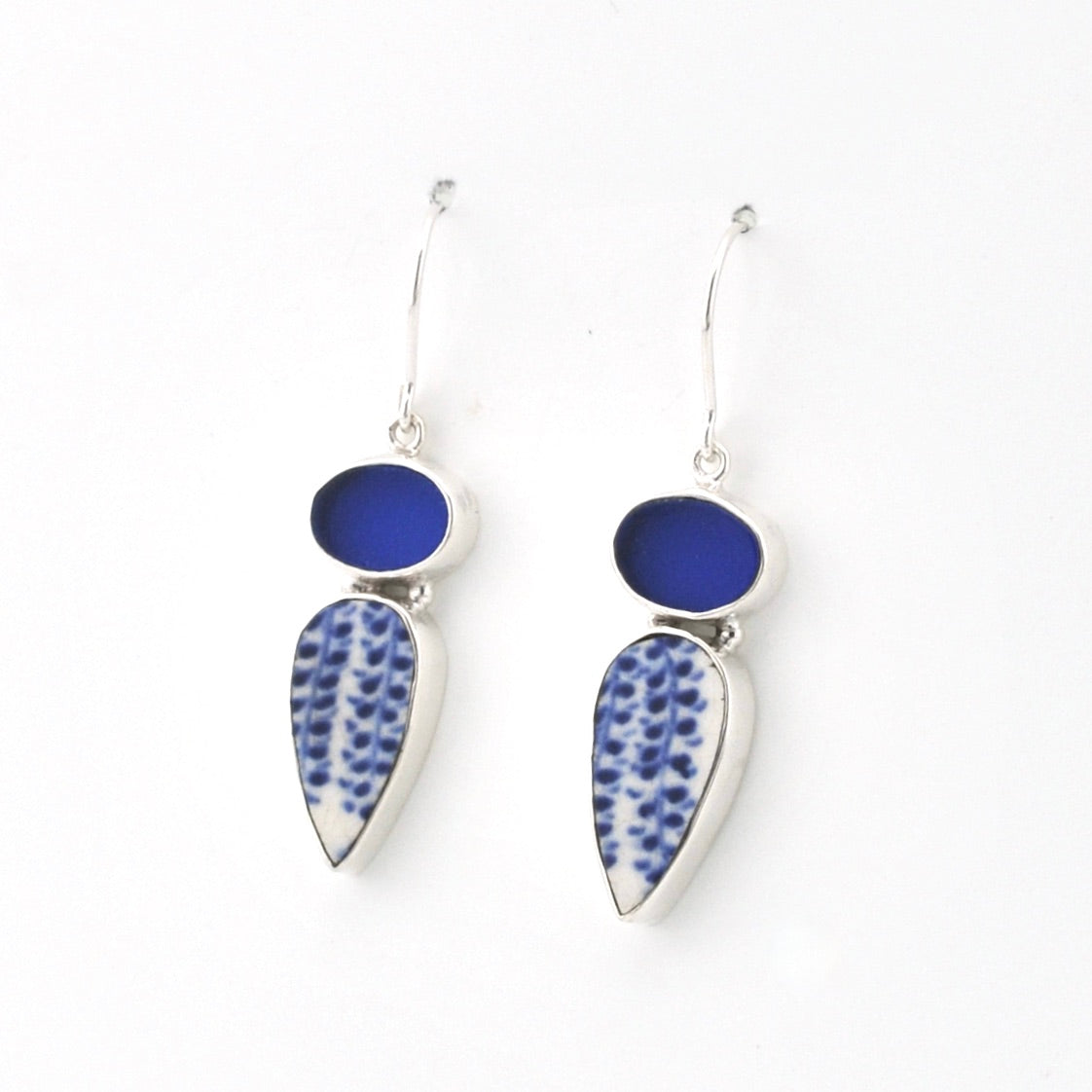 Silver Blue Sea Glass and Vintage Porcelain Earrings on white background