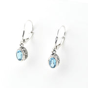 Silver earrings with blue gemstones on a white background