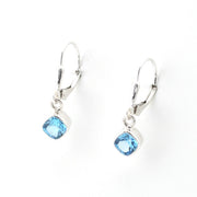 Pair of silver earrings with blue gemstones on a white background