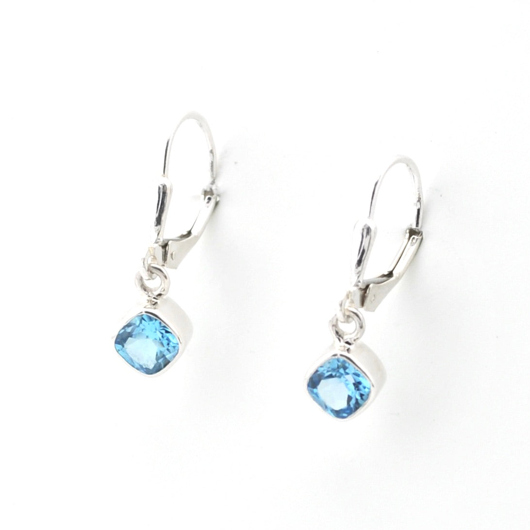 Pair of silver earrings with blue gemstones on a white background