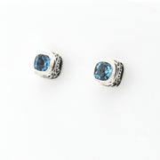 Pair of silver stud earrings with blue gemstones on a white background