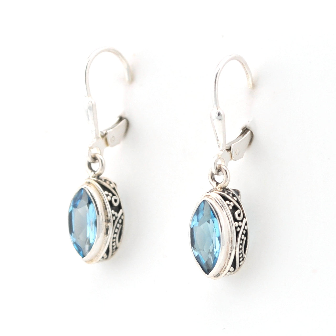 Side View Silver Blue Topaz 5x10mm Marquise Bali Earrings