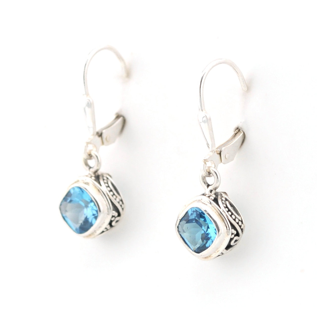 Side View Silver Blue Topaz 6mm Offset Square Bali Dangle Earrings