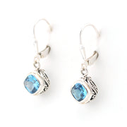Side View Silver Blue Topaz 6mm Offset Square Bali Dangle Earrings