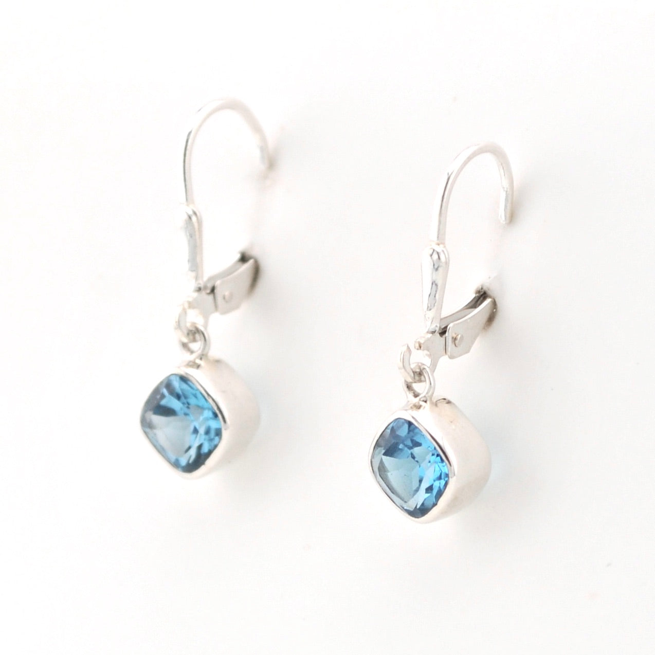 Side View Silver Blue Topaz 6mm Offset Square Dangle Earrings