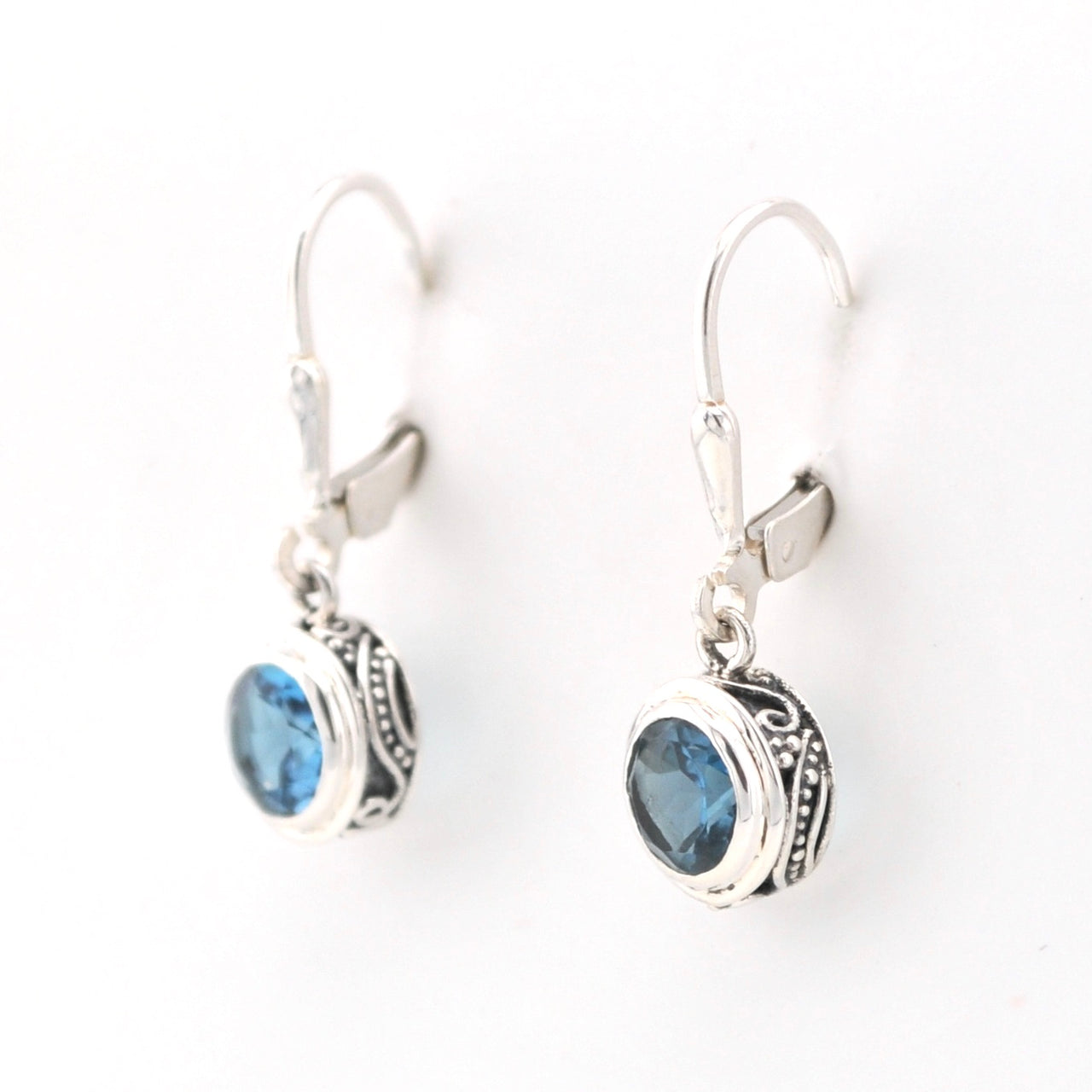 Side View Silver Blue Topaz 6mm Round Bali Dangle Earrings