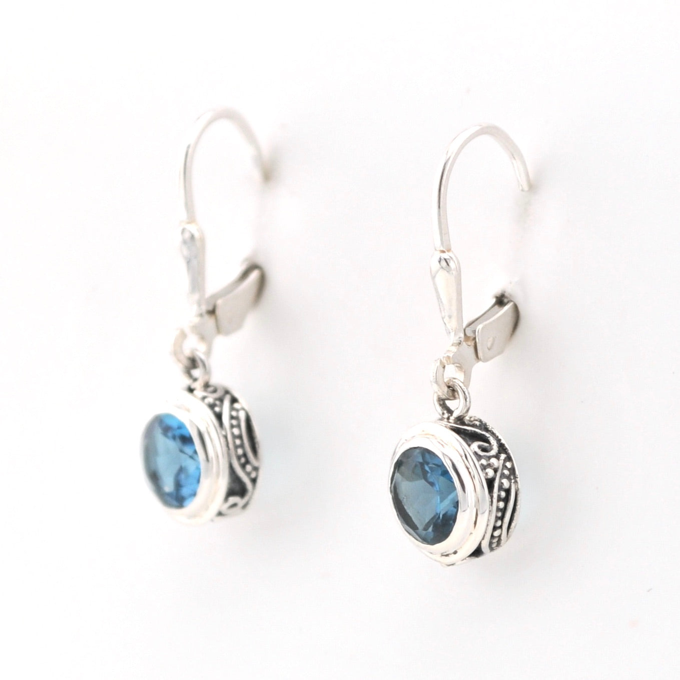 Side View Silver Blue Topaz 6mm Round Bali Dangle Earrings