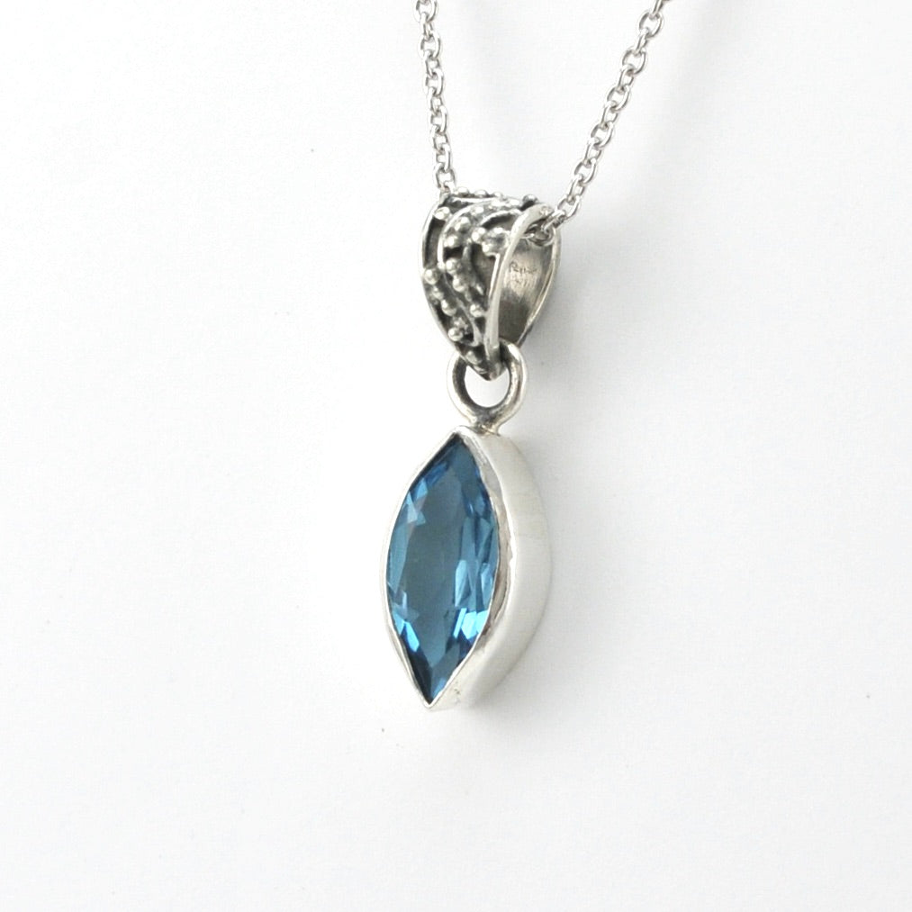 Side View Silver Blue Topaz 6x12mm Marquise Bali Necklace