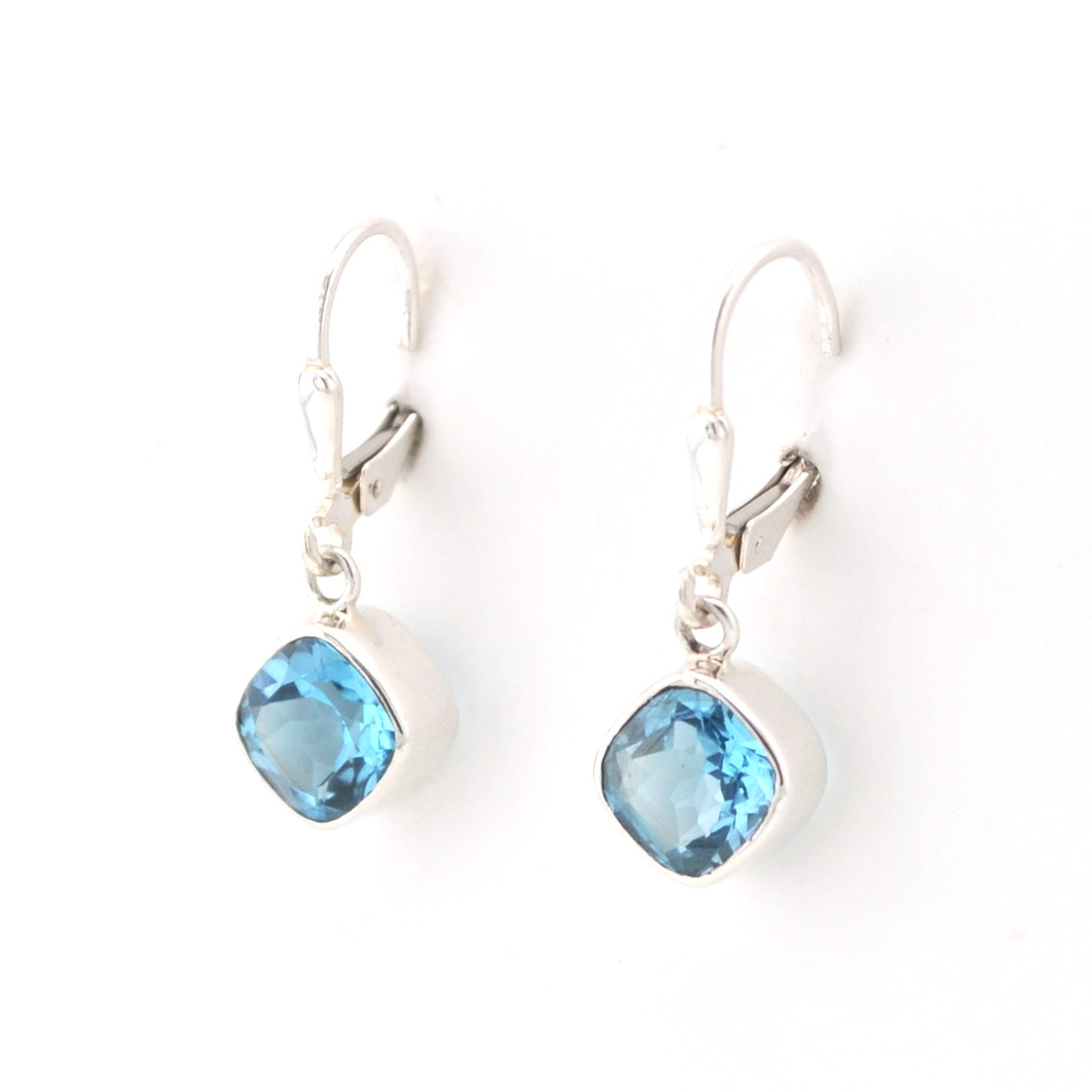 Side View Silver Blue Topaz 7mm Offset Square Dangle Earrings